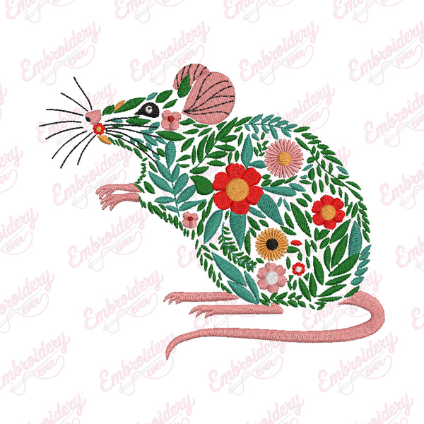 Tropical Leaves And Flowers Rat Embroidery Design