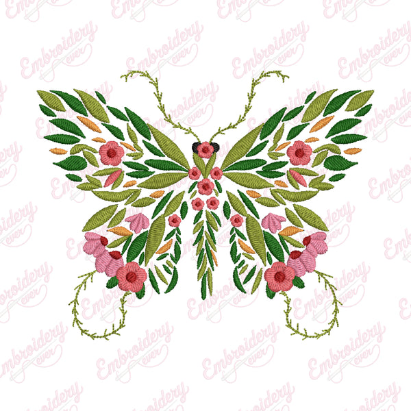 Tropical Leaves And Flowers Butterfly Embroidery Design