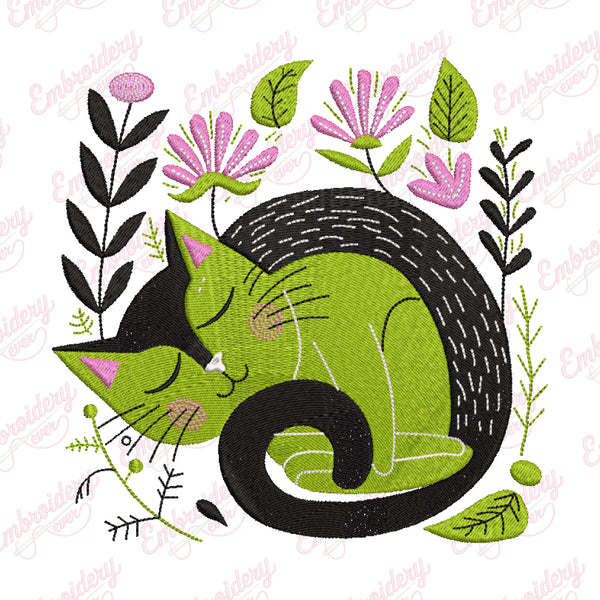 Floral Sleeping Cat Machine Embroidery Design