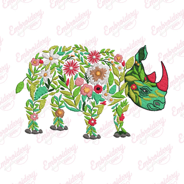 Beautiful Floral Rhino Embroidery Design
