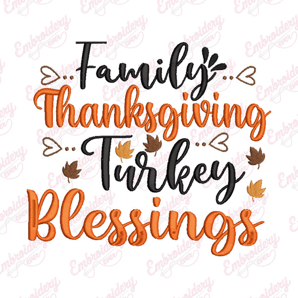 Family Thanksgiving Turkey Blessings Embroidery Design