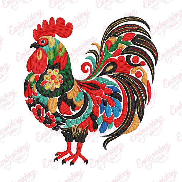 Colorful Floral Rooster Embroidery Design