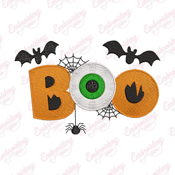 Halloween Boo With Bat Spider Embroidery Design