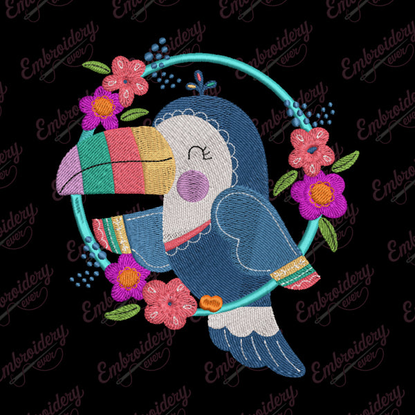 Toucan With Floral Wreath Embroidered Design