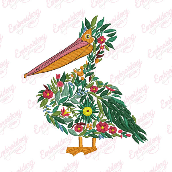 Beautiful Floral Pelican Embroidery Design