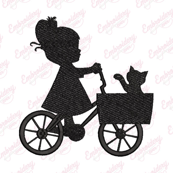Little Girl Cycling With Cat Embroidery Design