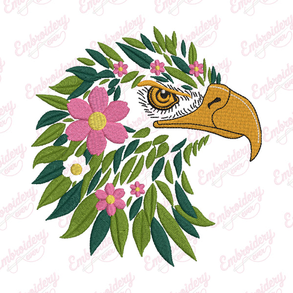 Eagle Head Leaves And Flowers Embroidery Design