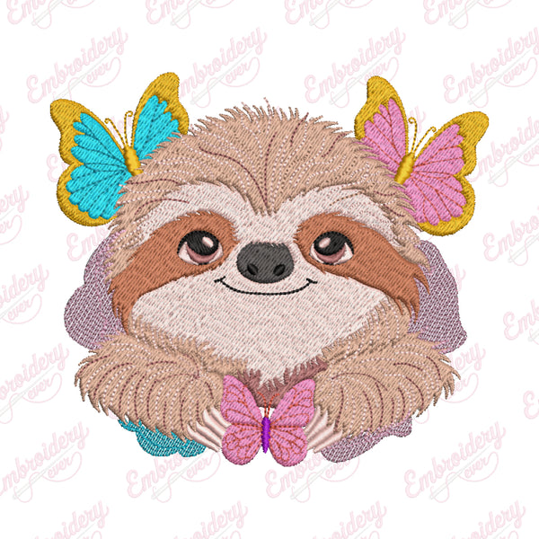 Sloth With Butterflies Embroidery Design