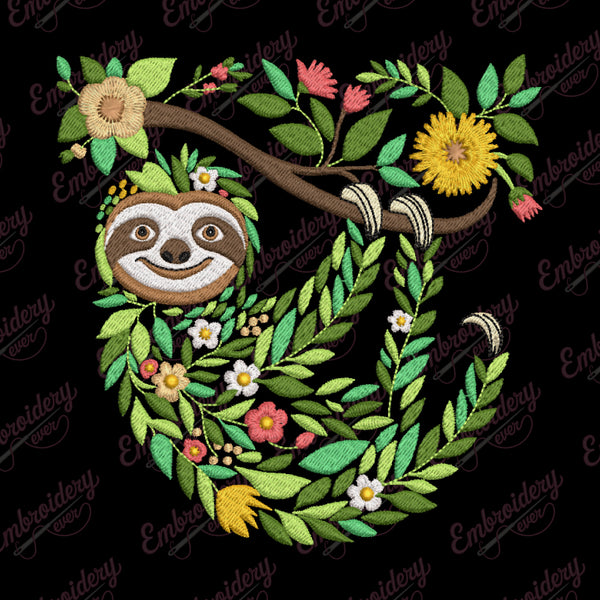 Tropical Leaves And Flowers Sloth Embroidery Design