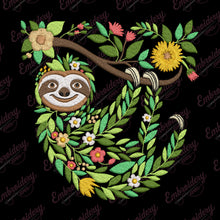Tropical Leaves And Flowers Sloth Embroidery Design