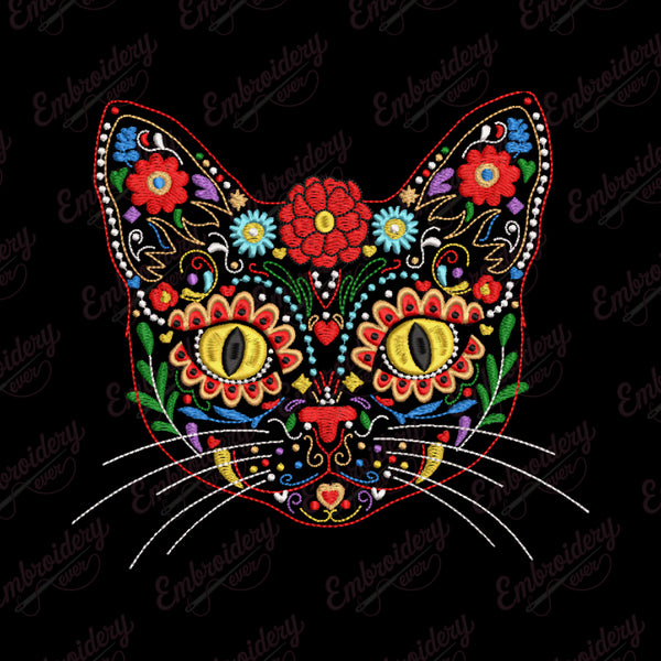 Artistc Floral Cat Head Embroidery Design