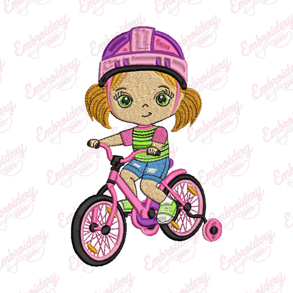 Cute Girl Riding a Bicycle Embroidery Design