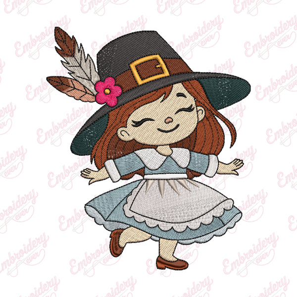 Little Pilgrim Girl Thanksgiving Embroidery Design