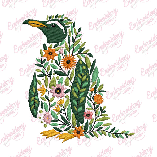 Colorful Botanical Penguin Embroidery Design