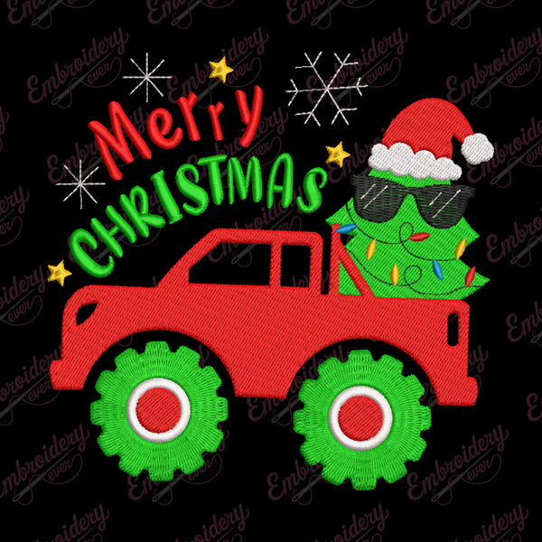 Merry Christmas Monster Truck Embroidery Design