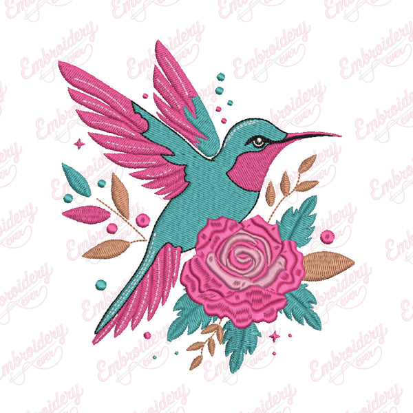 Hummingbird With Flower Embroidery Design