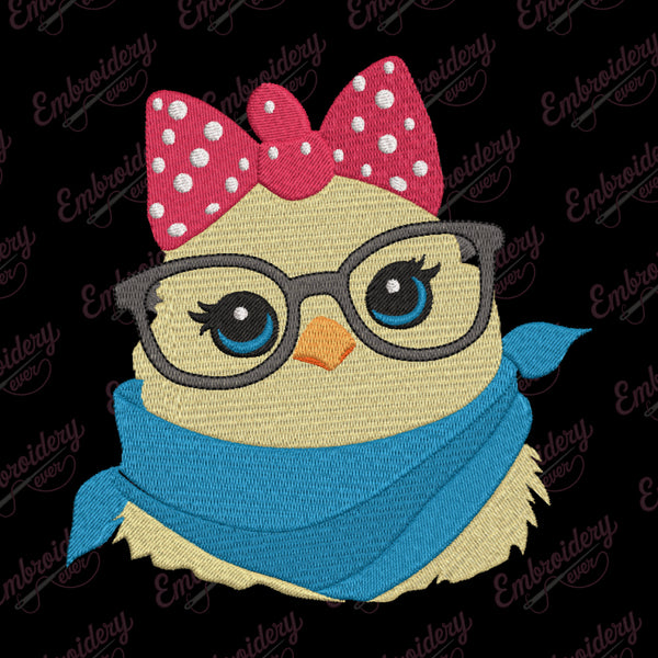Cute Chicken Wearing Glasses Embroidery Design