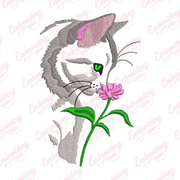 Cat Sniffing Flower Embroidery Design