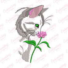 Cat Sniffing Flower Embroidery Design