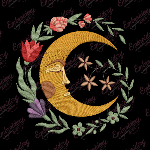 Botanical Moon Face Embroidery Design