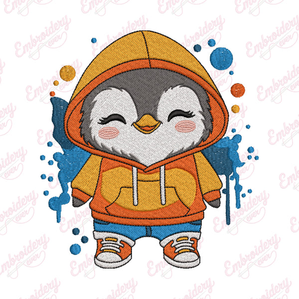 Cute Penguin Wearing A Hoodie Embroidery Design