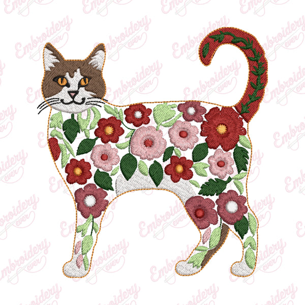 Tropical Flowers Cat Embroidery Design