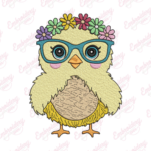 Glasses Chicken With Flowers Machine Embroidery File