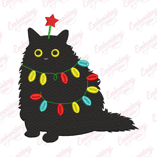 Black Cat with Christmas Lights Embroidery Design