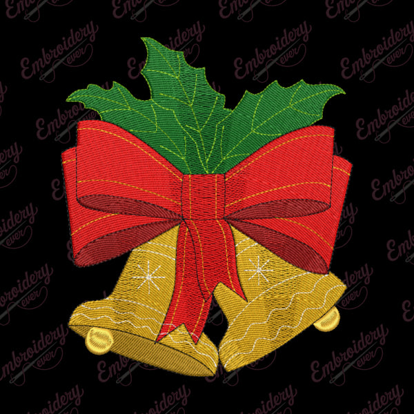 Festive Jingle Bells With Ribbon Embroidery Design