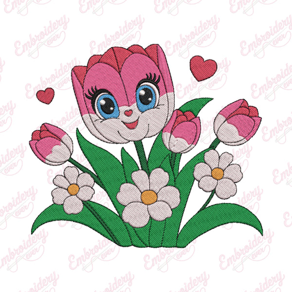 Happy Tulip Flower With Face Embroidery Design