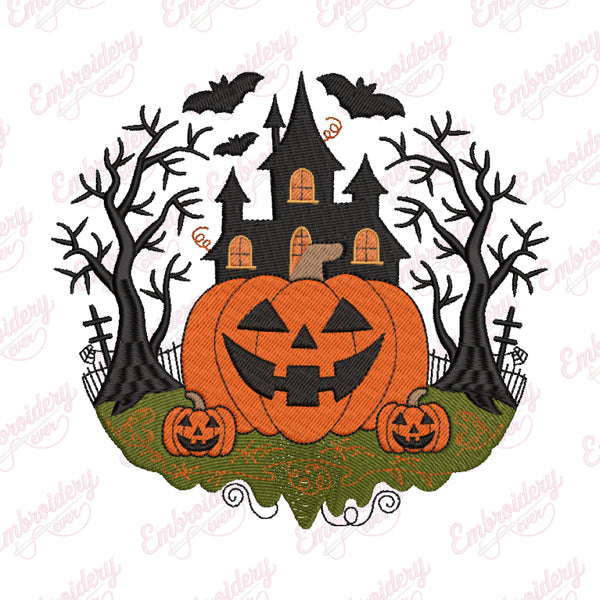 Halloween Pumpkin Haunted Castle Embroidery Design