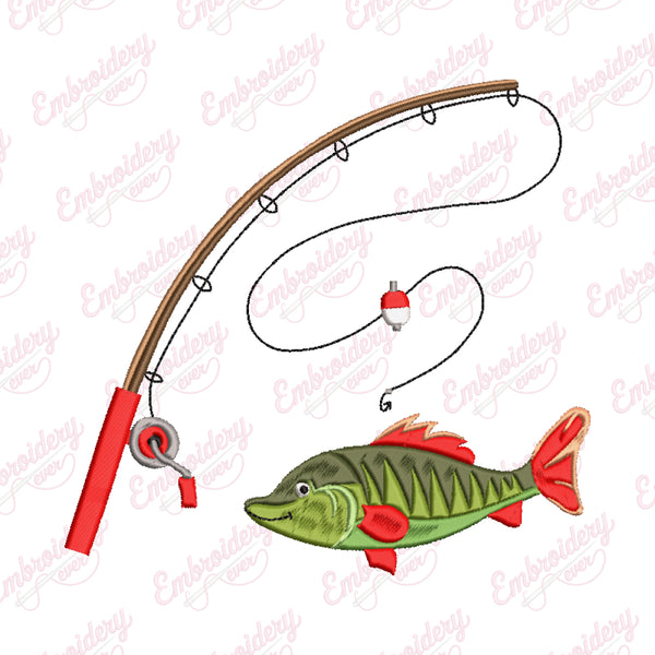 Fishing Rod with Fish Embroidery Design