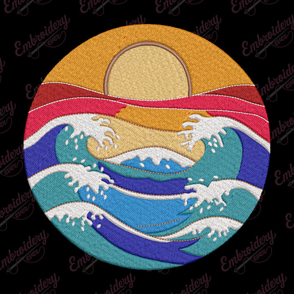 Sunset Ocean Circle Embroidery Design