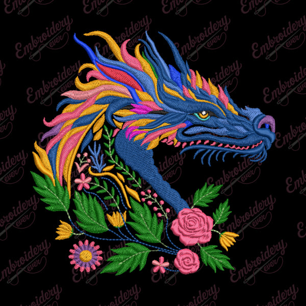 Tropical Leaves And Flowers Dragon Embroidery Design