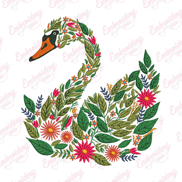 Tropical Leaves And Flowers Swan Embroidery Design