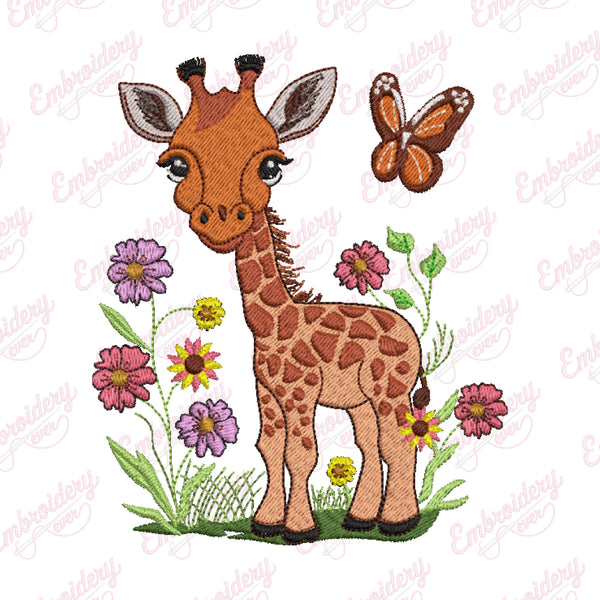 Floral Giraffe with Butterfly Embroidery Design