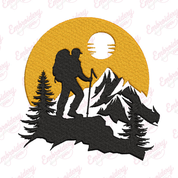 Hiker Admiring Sunset Hiking Embroidery Design