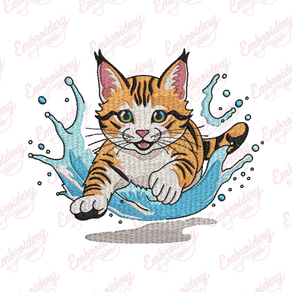 Playful Cute Cat In Water Embroidery Design