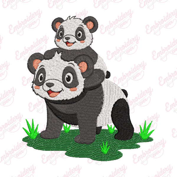 Cute Mother And Baby Panda Embroidery Design