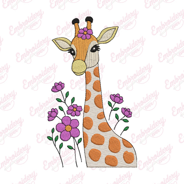 Giraffe with Flowers Machine Embroidery Design