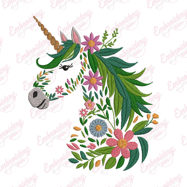 Tropical Leaves And Flowers Unicorn Embroidery Design