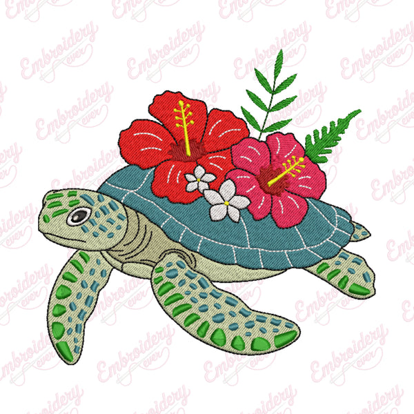 Sea Turtle With Flower Embroidery Design