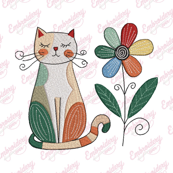 Whimsical Cat And Flower Embroidery Design