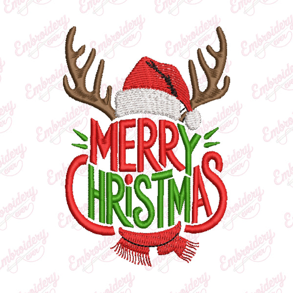 Merry Christmas Reindeer Antlers Embroidery Design