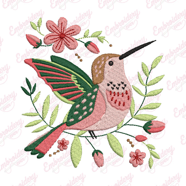 Tropical Leaves And Flowers With Bird Embroidery Design