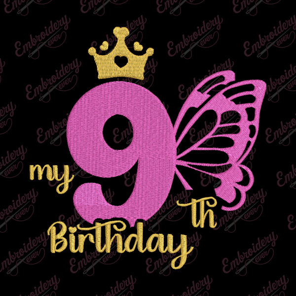 Butterfly My 9th Birthday Machine Embroidery Design