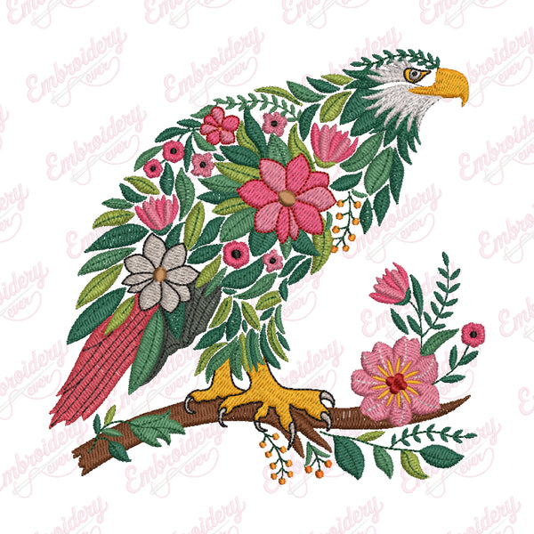 Tropical Leaves And Flowers Eagle Bird Embroidery Design