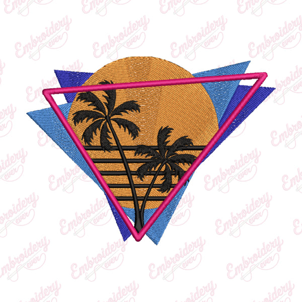 Retro 80s Style Synthwave Neon Sunset Embroidery Design
