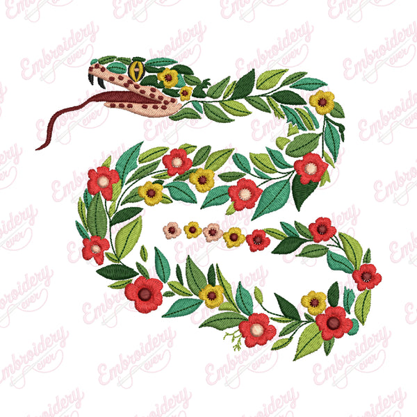 Tropical Leaves And Flowers Rattlesnake Embroidery Design