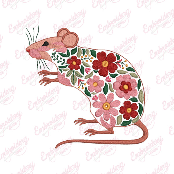 Floral Rat Mouse Embroidery Design